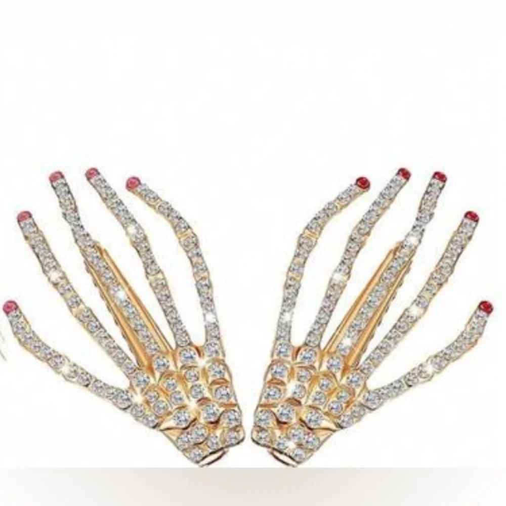 Skeleton hands Halloween hair clips rhinestone studded gold​​ Red Nail New x2